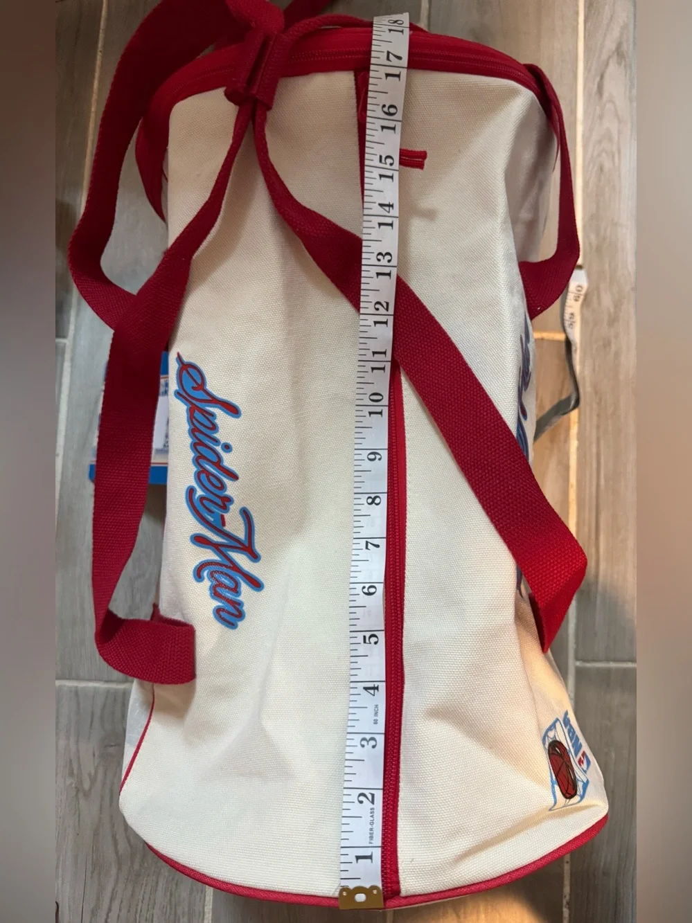 NBA Unisex White and Red Canvas Duffel with Retro Basketball Motif